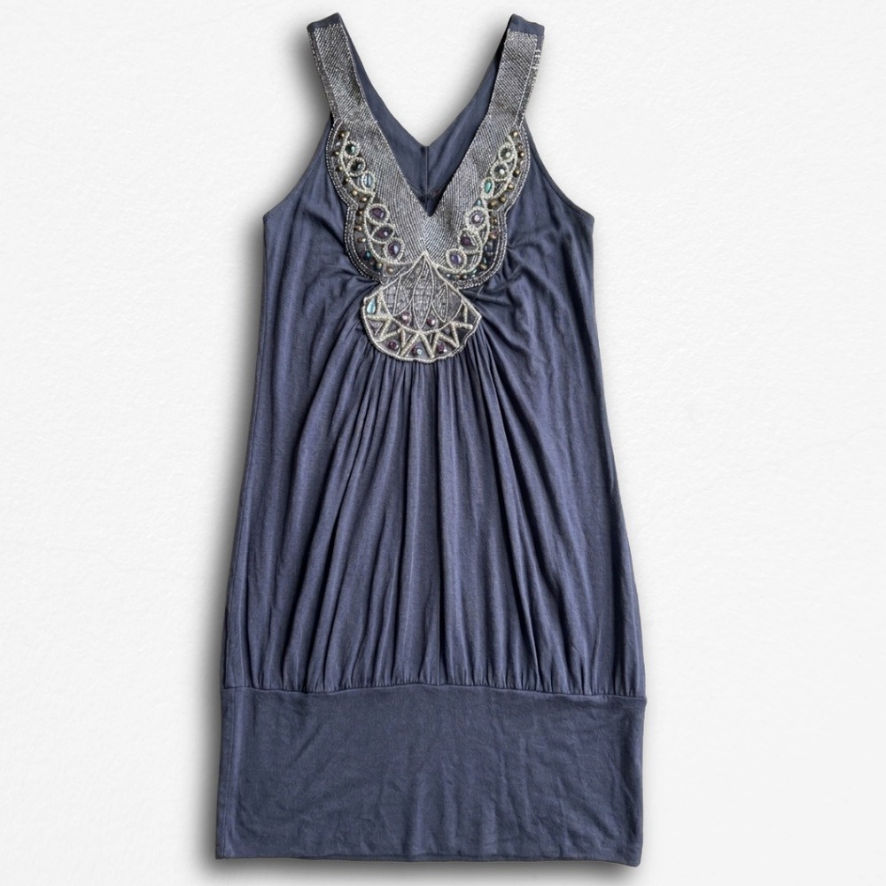 Pop Y2K Beaded Sequin V-Neck Mini Dress Charcoal Gray Juniors L Sleeveless Boho